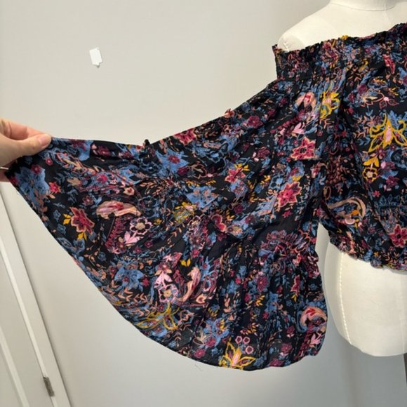 Free People Free Spirited Off The Shoulder Top Bell Sleeve Boho Floral Blouse XS - Picture 12 of 15